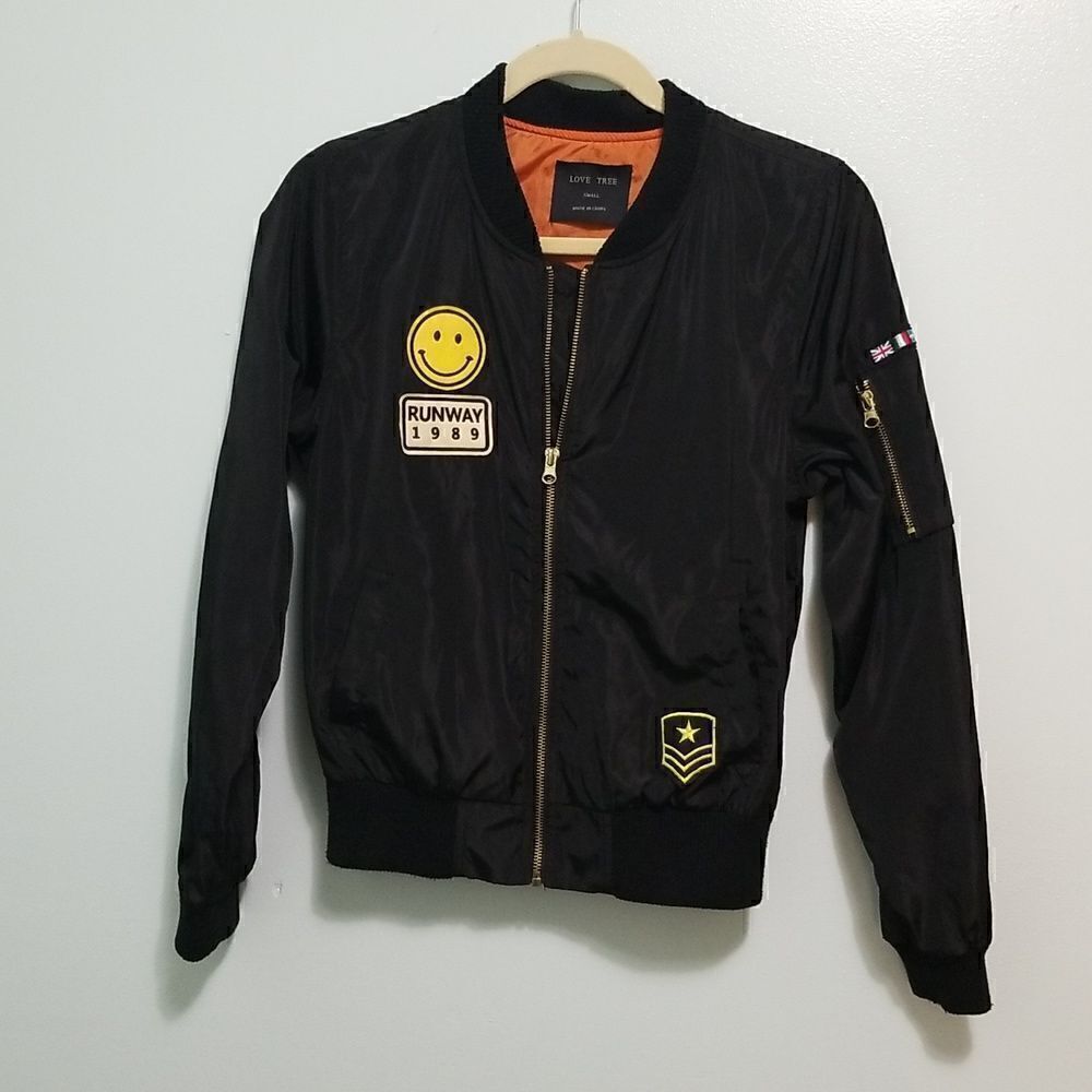 Love Tree black windbreaker/bomber style jacket with patches.  Size S.